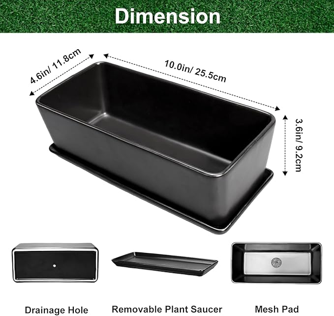 SQOWL Rectangle Planter - 10 Inch Ceramic Plant Pots with Drainage Hole and Saucer Rectangular Succulent Planters for Indoor Plants Flower Cactus Herb Pots Outdoor Room Decor Garden Gifts Black