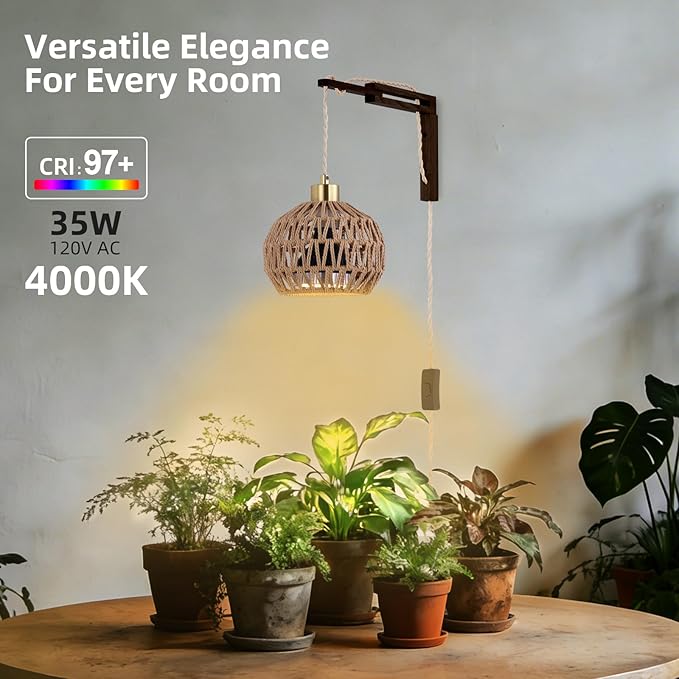 Hanging Grow Lights for Indoor Plants - 35W 4000K Full Spectrum Plant Light Wall Mounted Grow Light with Wooden Bracket Timer 15FT Power Cord Ideal for Plants Flowers &amp Home Decor