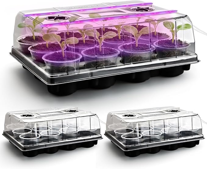 3 Pack 12 Cell Seed Starting Trays with Clear Domes and Growing Lights &amp 4 Inch Clear Seedling Pots 36 Pack Plant Nursery Faster Propagation Kit 3 Sets for Seeds Vegetables Herbs