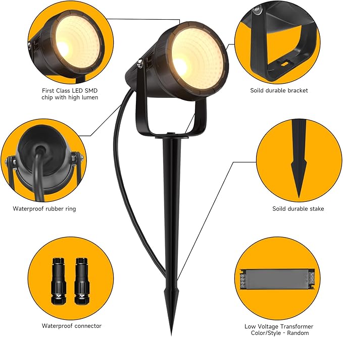 Outdoor Landscape Lighting - 12Pack Outdoor Spot Lights with Connectors &amp Transformer for Yard Plant Lawn Tree Flags House Garden Fence - 7W Warm Yellow 3000K Spotlights with IP65 Waterproof
