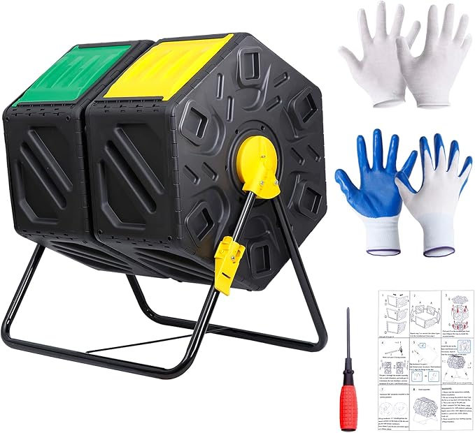 Compost Bin Tumbling Composter Rotating w/ 2 Sliding Doors Compost Bin Dual Chamber All Season Heavy Duty Outdoor Gardening Composting Tumblers Garden Yard (37 Gallon Black)