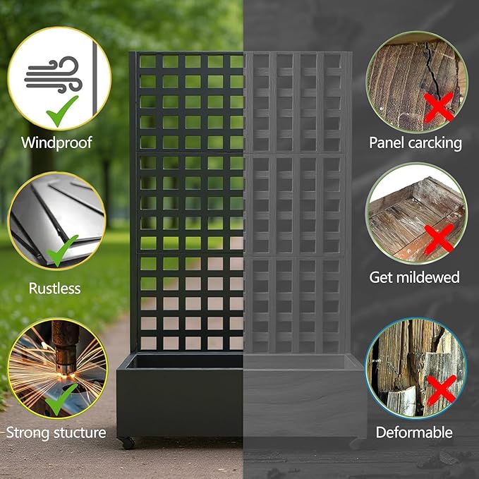 GarveeHome Metal Raised Garden Bed with Trellis and Wheels Planter Box for Climbing Plants Vegetables with Square Lattice Trellis Drainage Holes &amp Privacy Screen for Garden &amp Backyard