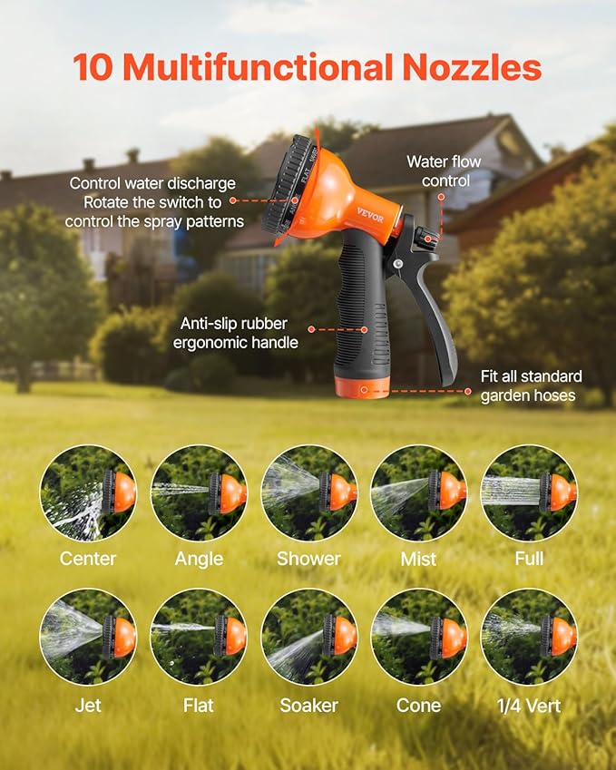 VEVOR Metal Garden Hose 25 ft Rust Proof Stainless Steel Water Hose Heavy Duty Backyard Hose with 10 Function Nozzle No-Kink &amp Flexible Water Pipe Lightweight Metal Hose for Yard Outdoor