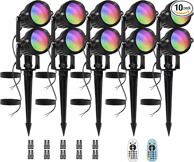Low Voltage RGBW LED Landscape Lights Spot Lights Outdoor for Yard Garden Decor Spotlight 12V-24V Low Voltage Landscape Lighting with 16 Color Changing and Remote IP68 Waterproof (10 Pack)