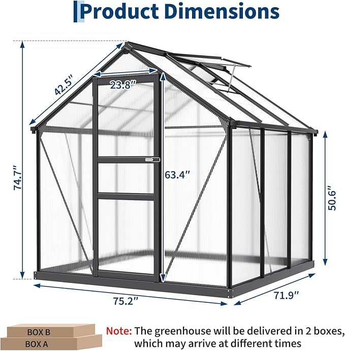 6x6 FT Outdoor Greenhouse - Walk-in Aluminum Frame with Lockable Hinged Door Adjustable Roof Vent Rain Gutter - Ideal for Backyard Patio Lawn Garden - Hinged Door