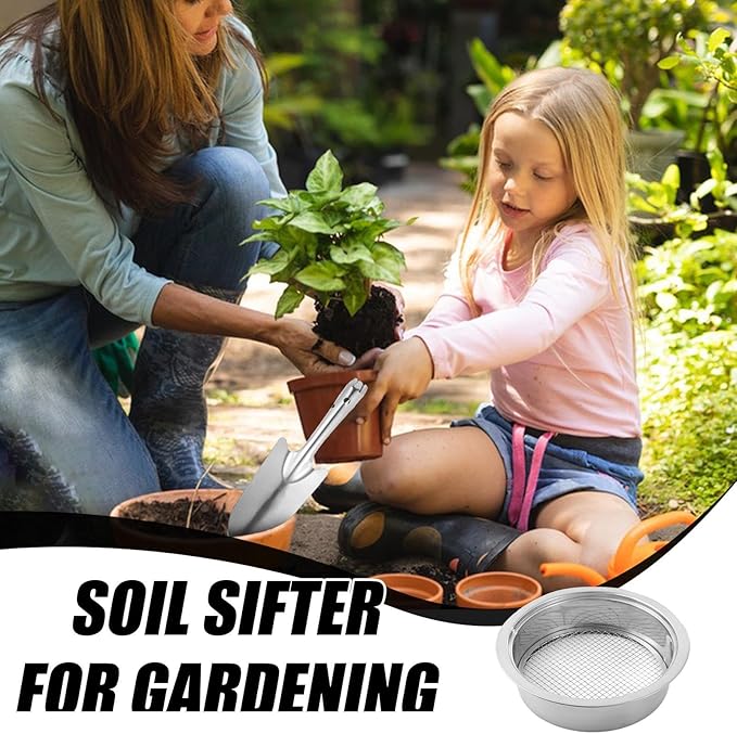 Soil Sifter for Gardening | Soil Sieve Stainless Steel with 5 Replaceable Mesh Screens - Size 8in Diameter 1/3/6/9/12mm Stackable Sifting Pan Sand Sieve with Shovel