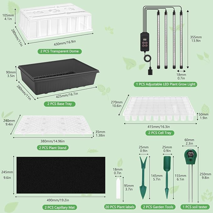 Seed Starter Tray with Grow Light 2 Pack 120 Cells Seedling Tray Kit with 3-in-1 Soil Moisture Meter Indoor Seedling Starter Tray for Plant Germination Seeds Growing