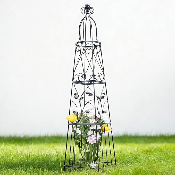 51-Inch Vintage Metal Garden Obelisk Trellis - Sturdy Climbing Plant Support for Roses Bougainvillea Vines &amp Potted Plants - Elegant Design for Gardens &amp Patios