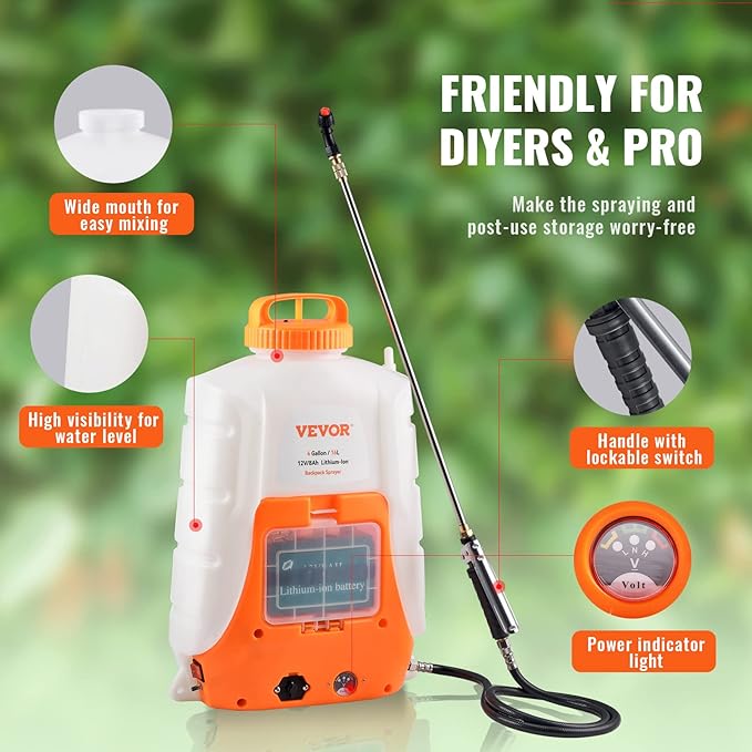 VEVOR Battery Powered Backpack Sprayer 0-90 PSI Adjustable Pressure 4 Gallon Tank Back Pack Sprayer with 8 Nozzles and 2 Wands 12V 8Ah Battery Wide Mouth Lid for Weeding Spraying Cleaning