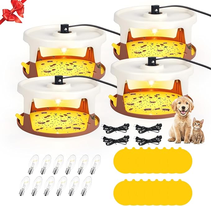 2026 Upgraded Flea Traps for Inside Your Home 4 Pack Fleas Traps &amp 16 Sticky Pads &amp 12 Bulbs Electric Flea Light Trap for Indoor Kills Fleas Fruit Flies Gnats Mosquitoes and Moths