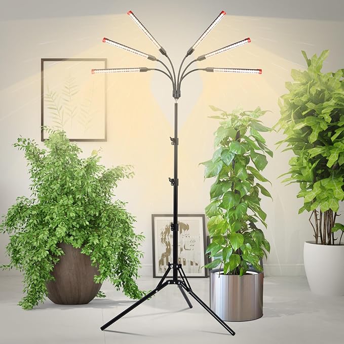 6Head Grow Light on Stand for Large and Tall Indoor Plants Bonsai Tree Bright and Big Coverage Plant Growing Lamps 4/8/12/16/20H Timer 54 Watt Power Draw NO Need Adapter 360° Gooseneck