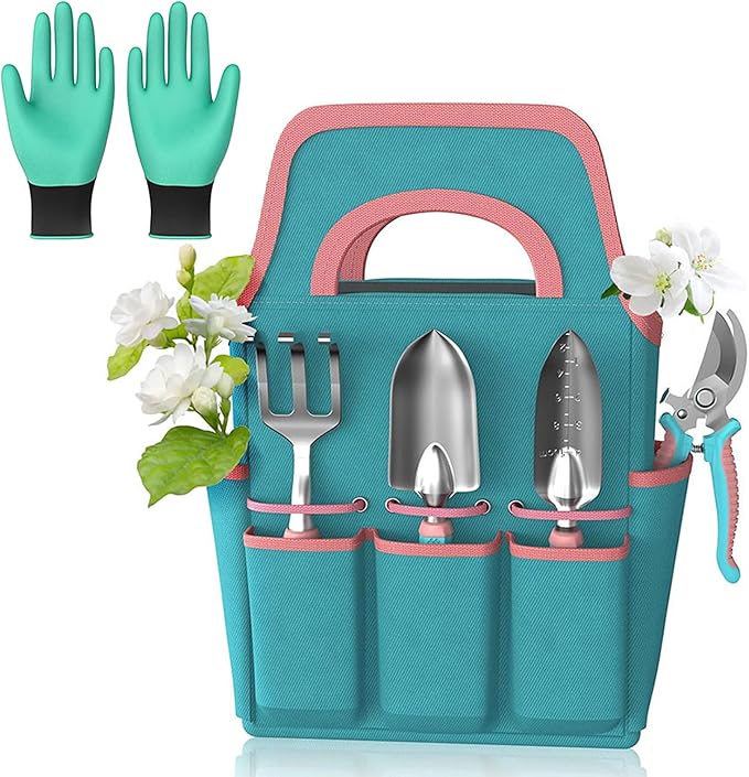 Gardening Tool Kit - Rake Gloves Pruner with Trowel | Garden Hand Tool Set with Tote | for Indoor Outdoor Lawn Backyard Patio Balcony Greenhouse