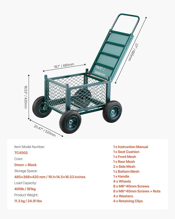 VEVOR Rolling Garden Cart with Seat Metal Rolling Garden Work Seat with Wheels Supports up to 400 LBS Heavy Duty Gardening Cart Scooter Outdoor Wagon &amp Stool on Wheels for Lawn Patio Backyar