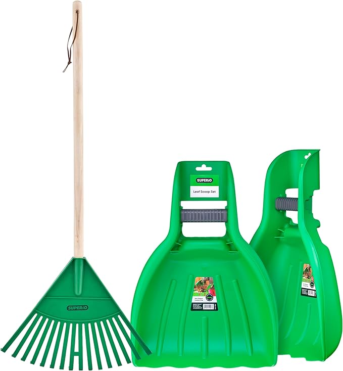 Child-Size Leaf Collector &amp Rake Set – Garden Leaf Scoops and Lawn Cleaning Tools for Kids Includes 1 Rake and 1 Pair of Leaf Grabbers Green Plastic – by Superio