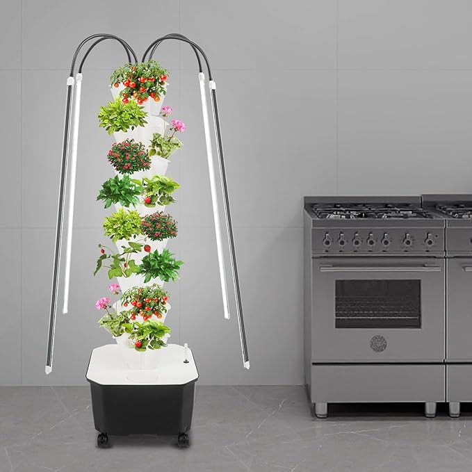 Hydroponic Growing System Kit 40 Plants 5-Layer Vertical Hydroponic Tower with LED Light Vertical Hydroponics Garden Tower with Pump &amp Water Level Gauge for Herbs Vegetables Fruits (White)