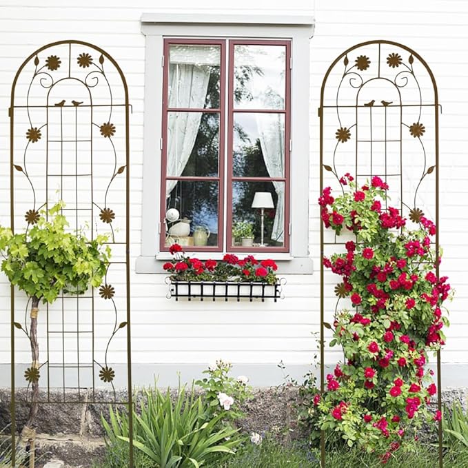 Sturdy Metal Garden Trellis for Climbing Plants – Rust Resistant Outdoor Flower Support with Decorative Lattice Design (2 Pack-Brown)