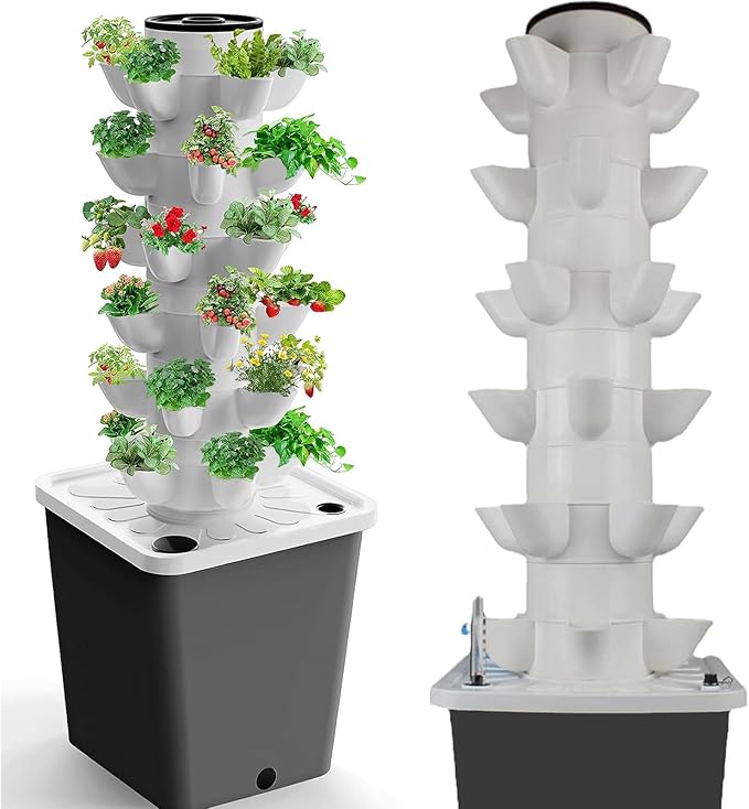 Garden Tower Hydroponics Growing System 30-Plant Sites Vertical Garden Planter Outdoor Indoor Plant Growing kit with Pump Adapter Net Pots for Fruits Vegetables and Herbs (Grey)