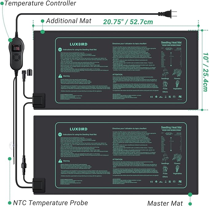 LUXBIRD 2 Pack Seedling Heat Mats with Digital Thermostat Controller 10 x 20.75 30W for Seed Starting Germination Hydroponics Brewing Breeding Greenhouses (LB-HT02)