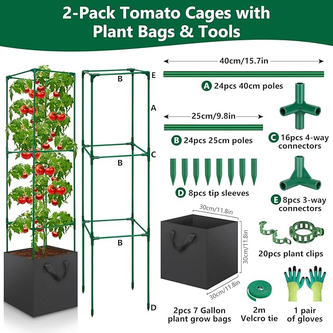 2 Pack Tomato Cages for Garden49-Inch Square Trellis Frame with 7 Gallon Grow Bags Plant Clips Tomato Plant Support Kit for Garden Raised Bed Cucumber Vegetable Climbing Outdoor Indoor