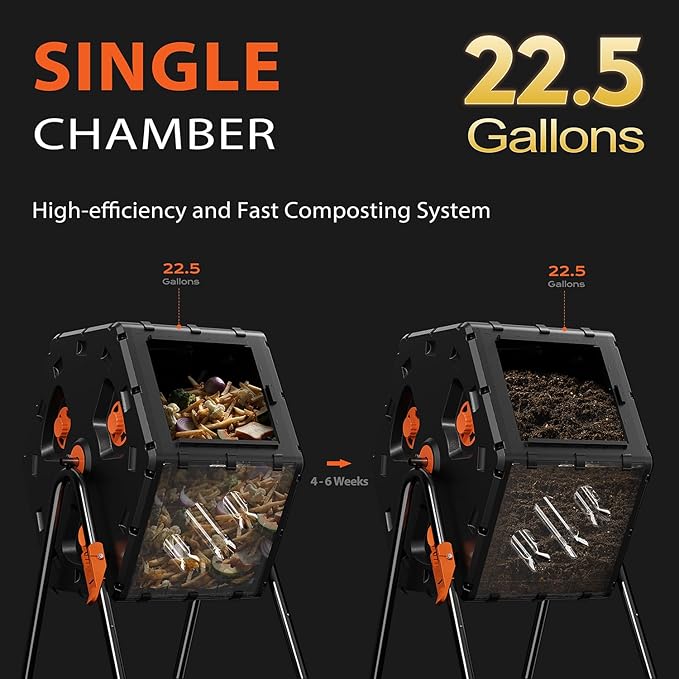 Compost Tumbler 22.5 Gallon/85L Easy Assemble Compost Bin Outdoor 360°Rotating Composter for Garden Backyard and Yard Gifts for Seasoned Gardeners &amp Beginners-Orange