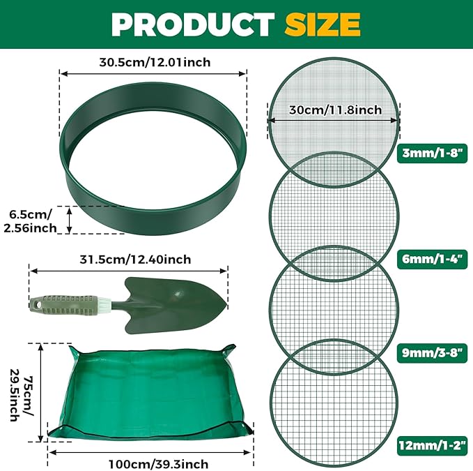 Soil Sifter for Gardening 12 Inch Dirt Garden Sieve Soil Sifter with 4 Replaceable Fine Screens and Shovel and Soil Replacement Pad Rock Sieve Sifter Soil Sieve Sifter Set Sifting Pan