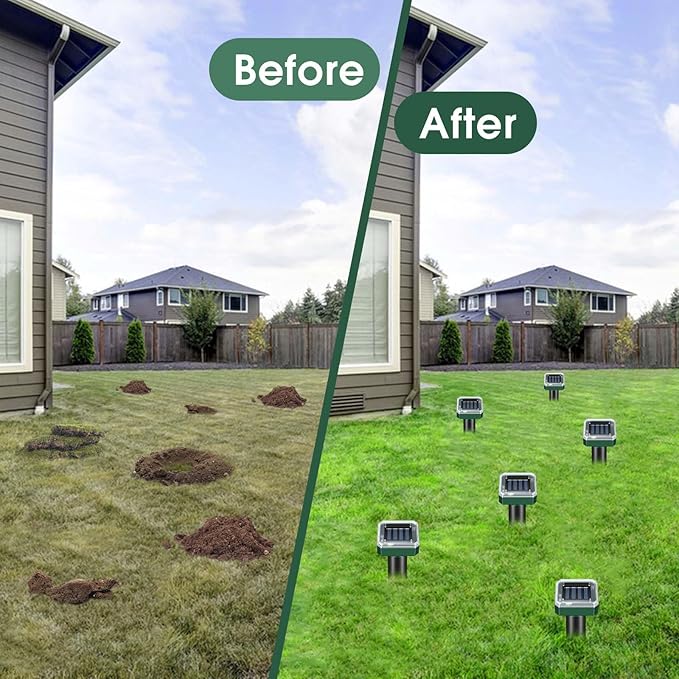 Mole Repellent Solar Powered Ultrasonic Repeller 4-Pack Waterproof Sonic Spikes Gopher Vole Groundhog Snake Chipmunk Mole Deterrent Get Rid of Moles in Your Yard (4)