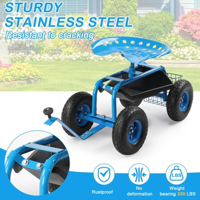 Rolling Garden Cart with Resting Seat Outdoor Patio Gardening Stool for Planting Garden Scooter with 360 Degree Swivel Seat &amp Tool Tray for Longer Hours of Horticulture (Blue Seat)