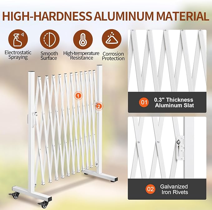 Aluminum Expandable Garden Fence Portable Barricade Gate with Casters Expansion Size 201×15.2×40.6 inches Adjustable Flexible Fence Mobile Barricade Safety Barrier