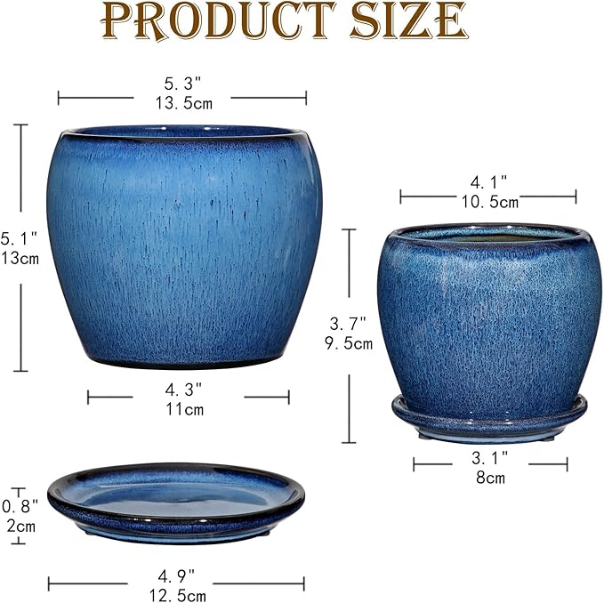 Blue Ceramic Planter Pots with Drainage Holes 5 Inch + 4 Inch Set of 2 Flower Plants Pot with Saucers Tray Planter Garden Pot for Succulent Cactus Home Decoration Gift Indoor Outdoor