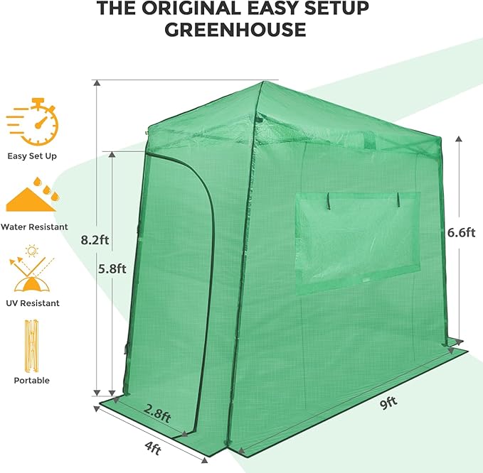 EAGLE PEAK Replacement Cover for 9x4 Portable Lean-to Greenhouse 2 Roll-Up Zipper Entry Doors and 1 Large Roll-Up Side Window (Frame Not Included) Green