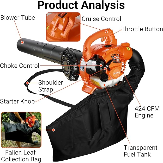 Gas Leaf Blower - Blowing &amp Suction 2 in 1 Light Handheld Leaf Blower 26CC 424 CFM 2-Cycle - with Straight and Curved Blow Pipe Powerful Gas Powered Snow Blowers for Lawn Care
