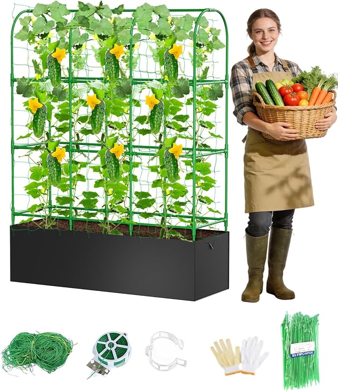 Cucumber Trellis with Grow Bags for Garden U Frame Garden Trellis for Climbing Plants Metal Plant Trellis with Garden Netting for Vegetables Flowers Fruits(4 Arches)