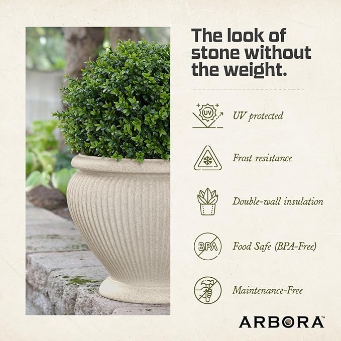 ARBORA 18 Cannes Urn Polyresin Indoor and Outdoor Planter with Classic Cream Finish - Durable Weatherproof Lightweight Large Plant Pot for Patio Garden Deck Entryway