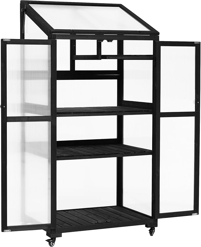 Mini 4-Tier Greenhouse with Locking Wheels 62 Inch Height Portable Wooden Green House Cold Frame with Adjustable Shelves and Vent Small Garden House for Outdoor Indoor Black