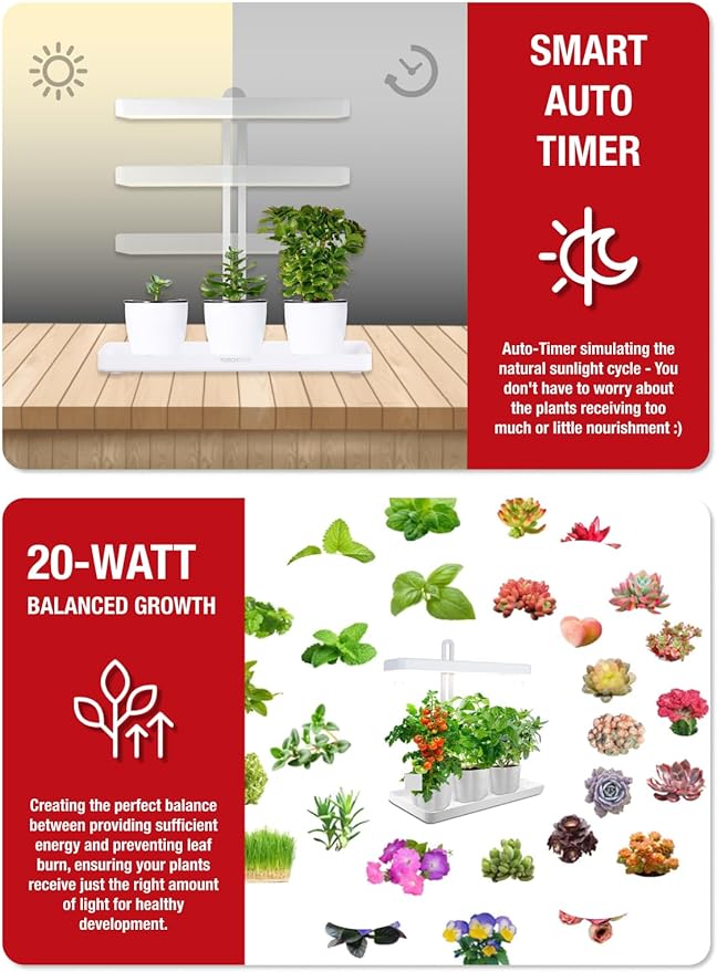 TORCHSTAR Indoor Herb Garden with LED Grow Light Height Adjustable 20W Growing System with Automatic Timer CRI 95+ Full Spectrum Plant Light for Seeds Vegetation Home White No Pots or Plants
