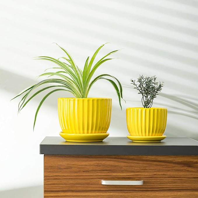 Ton Sin Ceramic Flower PotsYellow Plant Pots for Indoor Plants4.1+5.1+6.5 inch Ceramic Plant Pots with TrayMedium Indoor Planters for Aloe Cactus Decorative Pots with Drainage Hole (Set of 3)