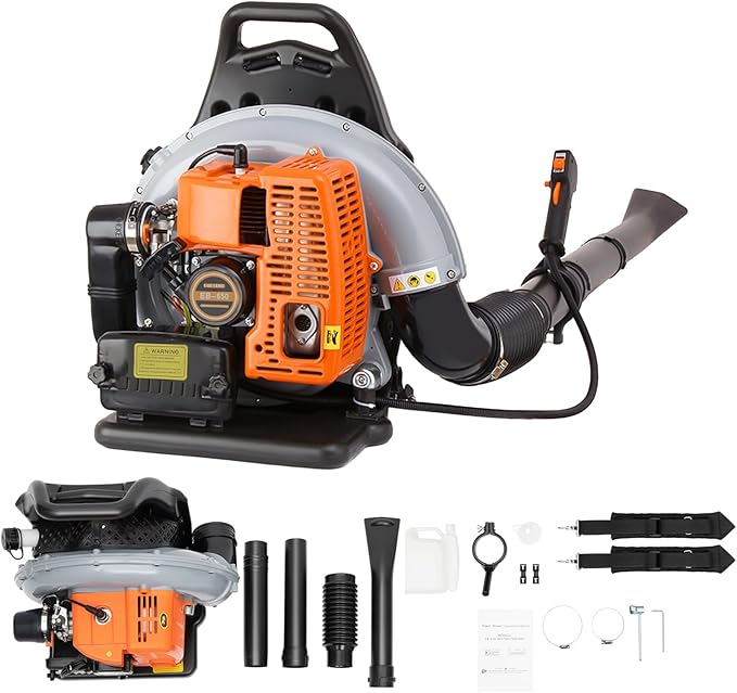 63CC Backpack Gas Powered Leaf BlowerCommercial 2-Stroke 2.7kW 850CFM 4.3HP Gasoline Grass Lawn Blower Leaf Blower Powerful Clearing Performance Ergonomic Harness Gas for Lawn Care Yard Snow Blowing