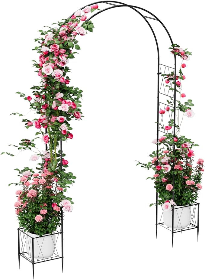 Metal Garden Arch Trellis for Climbing Plants Outdoor 8.2FT Garden Arbors Archway Arched Trellis with Planter Boxes Wedding Arches for Ceremony Arch Backdrop Stands for Party Decorations Black