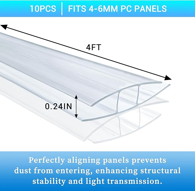 10 PCS Polycarbonate Greenhouse H-Clip Connectors 4ft Length Fits 0.16’’ &amp 0.24’’ Twin-Wall Polycarbonate Panels Duty Dust Rain &amp Moisture Protection Durable (H-Clip 4' × 1.57’’ × 0.24’’)