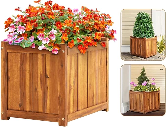 Idzo Hardwood Outdoor Flower Box Durable Acacia Wood Flower Boxes for Outdoor Plants with Ergonomic Handles Drainage Holes Multiple Sizes Wood Bucket Planter for Home Decor 1pcs