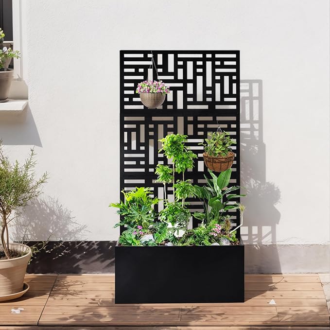 48 Outdoor Garden Flower Standing Planter BoxMetal Planter Raised Garden Trellis BedIndoor Outdoor Flower BedVertical Flower Pot Standwith Drainage Holesfor Patio Porch Yard Balcony (Black)