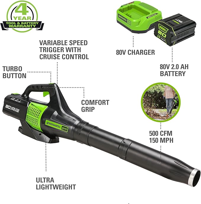Greenworks 80V (150 MPH / 500 CFM / 75+ Compatible Tools) Cordless Axial Leaf Blower 2.0Ah Battery and Charger Included