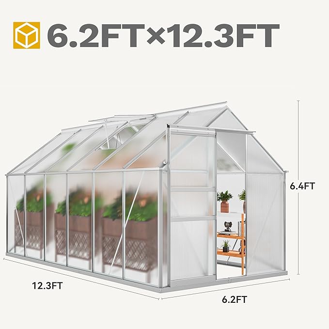DWVO 6x12FT Polycarbonate Greenhouse for Outdoors Large Heavy Duty Aluminum Greenhouses with Sliding Doors and Vent Window Walk-in Greenhouse for Garden Backyard Easy to Setup Silver