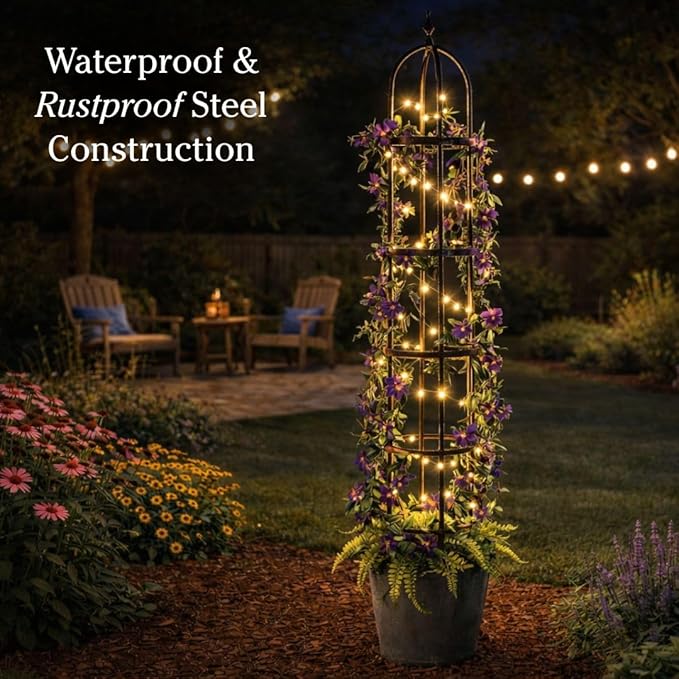Plow &amp Hearth Metal Garden Obelisk | Indoor/Outdoor | Powder-Coated Steel | Trellis for Climbing | Floral Pattern | 11 Dia. x 7'H | Bronze
