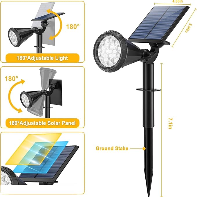 BAdjustable Solar Lights Outdoor Waterproof36 LEDs 1000LM Solar Spot Lights 2-in-1 Solar Powered Spotlights Landscape Lighting for Garden Yard 4 Pack