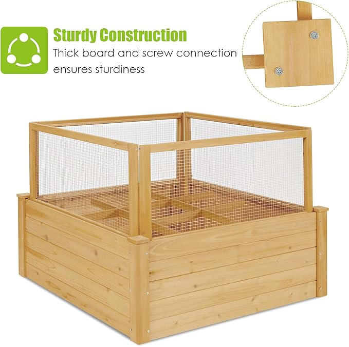 Giantex Raised Garden Bed with Fence Wood Planter Raised Bed with Critter Guard Fence 9 Grids Plant Container Outdoor Plant Box for Garden Patio Backyard Balcony (42 Lx42 Wx32.5 H)