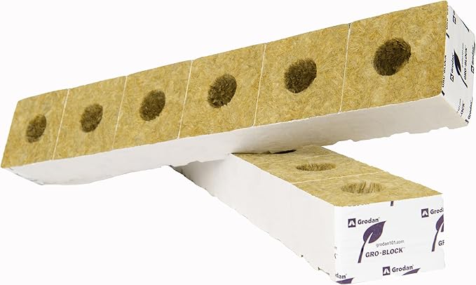 Grodan GRO-Block Improved GR65 - Small 4 (4 x 4 x 2.6) with Hole - Unwrapped Strips in Carton 216 Units (36 Strips of 6)