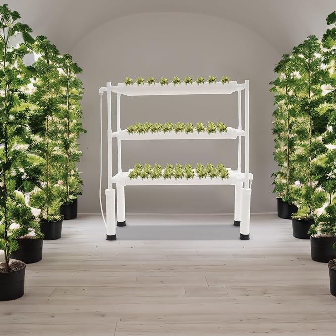 Hydroculture System 108 Planting Places 3 Floors Vertical Hydroponics Growing System Indoor Hydroponics Plant for Herbs Salad Vegetables with Timer &amp Pump White