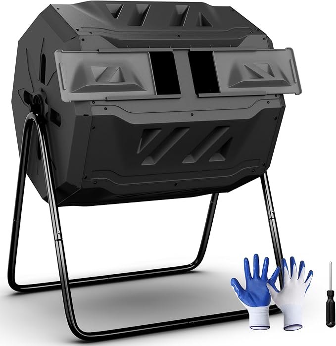 SUPER DEAL Outdoor Compost Tumbler 43 Gallon Dual Chamber BPA Free Large Compost Bin 360° Rotating Tumbling Composter for Garden Yard Black