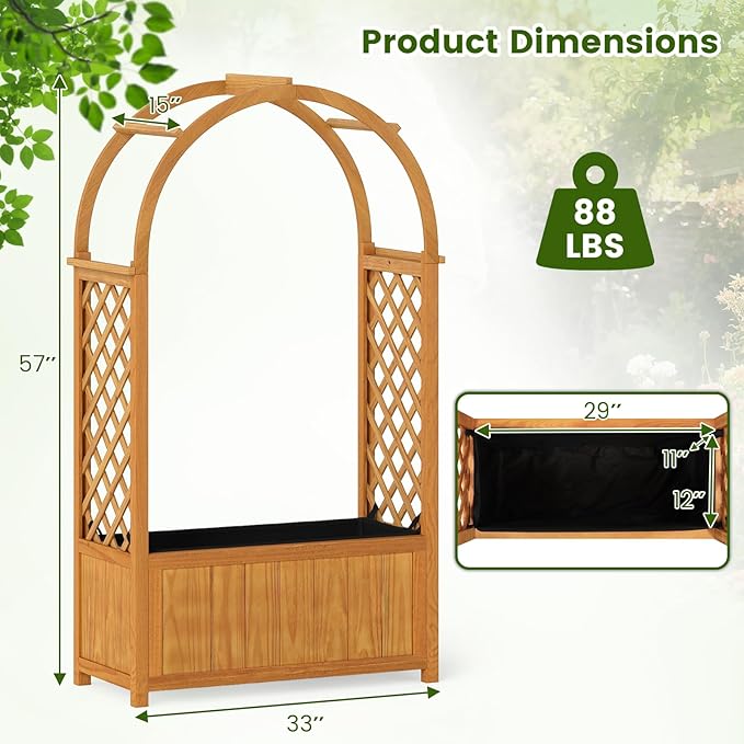 Giantex Raised Garden Bed with Arch Lattice Trellis for Climbing Vine Flower Vegetable Wood Planter Box with Liner &amp Drainage Design Outdoor Plant Container for Yard Balcony (33x15x57)
